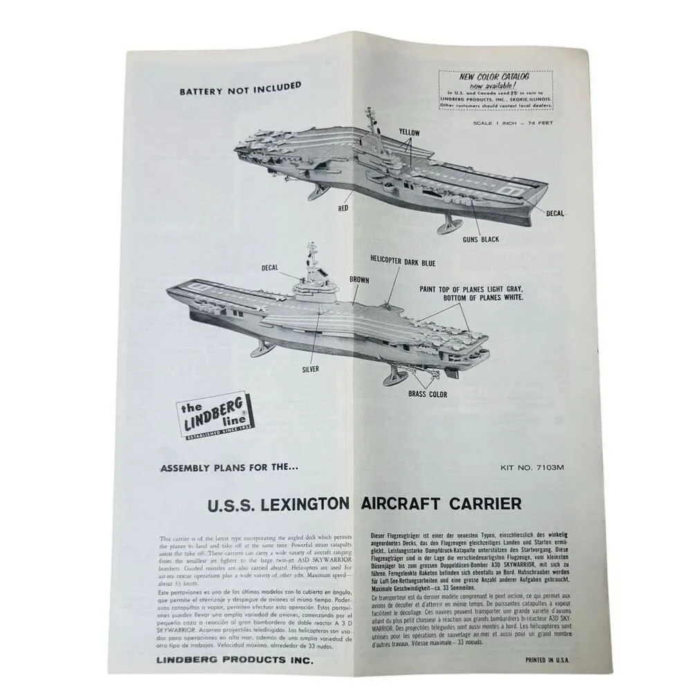 1968 Model Kit Motorized Lindberg Line USS Lexington Aircraft Carrier complete
